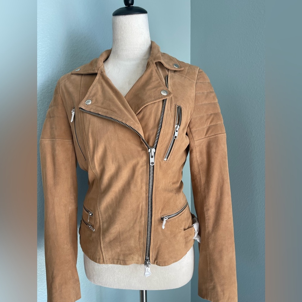 MUUBAA 100% goat leather suede motorcycle jacket. NWT, size 4 and 8, MSRP $450